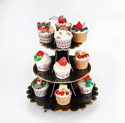 3-Tier Cupcake Stand, Lace Trim Cake Stand Holder, Tiered DIY Cupcake Stand Tower for Dessert Table Displays, Birthday Theme Party Favors Decoration, Floral Tea Party, 12" W x 12.8" H, Black
