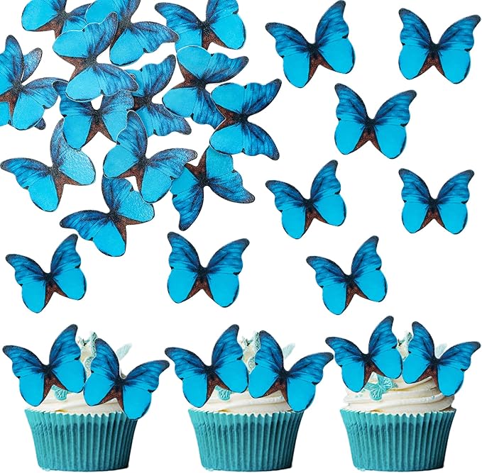 Ephlyn 48Pcs Edible Butterfly Cupcake Toppers 3D Cute Butterfly Cake Picks for Baby Shower Bridal Shower Boys Girls Birthday Party Cake Decorations Supplies Blue