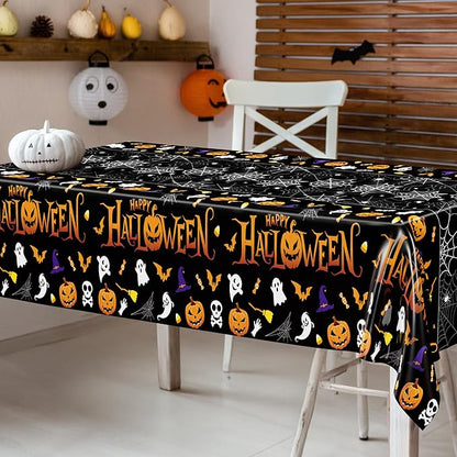 QZYL 4 Pack Halloween Tablecloth, 54" x 108" Halloween Decorations, Pumpkin Design Disposable Tablecover Plastic Table Cloth, Spider Webs Decorations Party Supplies Tableware Indoor