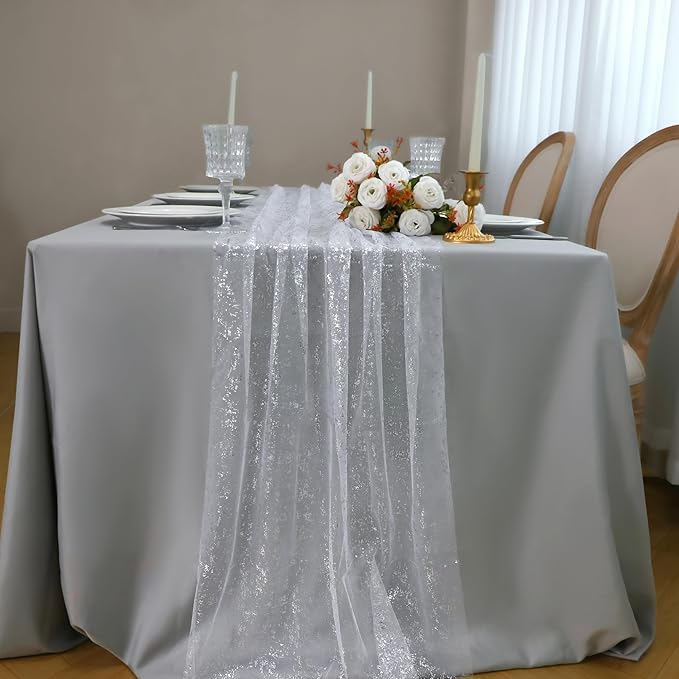 Snowkingdom 3 Pcs 10 FT Silver Cheesecloth Table Runner, 120 Inch Sheer Chiffon Gauze Runner, Sequin Glitter Silver Table Decoration Centerpieces for Wedding Birthday Christmas Bridal Baby Shower
