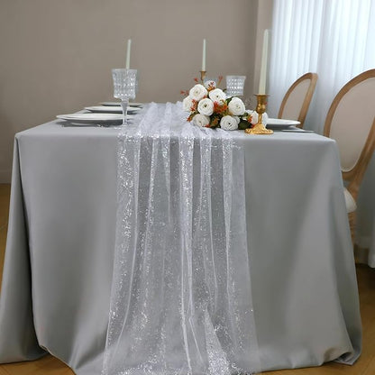 Snowkingdom 10 Pcs 10 FT Silver Table Runners, Sheer Chiffon Gauze Cheesecloth Runner, Sequin Glitter Silver Party Table Decoration Centerpieces for Wedding Christmas Birthday Bridal Baby Shower