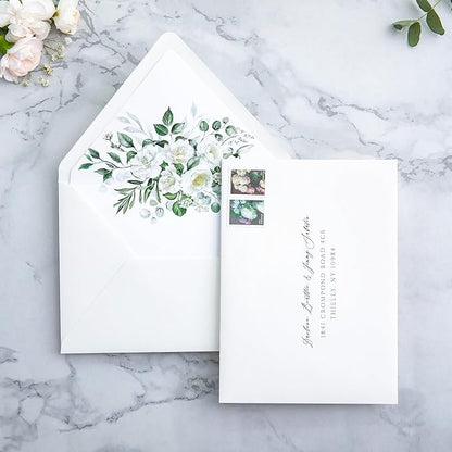 PONATIA 50PCS A7 Euro Flap Ivory Envelope, 5.25 x 7.25'' Flowers Liner Envelopes for Wedding Invitations, Photos, Postcards, Greeting Cards, Christmas Gift Cards, Acrylic Mailing, 5x7 Envelopes