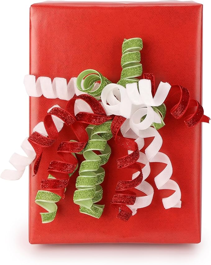 6" Metallic Glitter Red and Lime Green Self Adhesive Curly Ribbon Gift Wrap Bows for Christmas, Holiday, Birthday, Wedding, Presents, Party Favors Decorations 6-Count