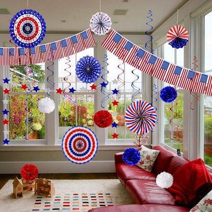 26Pcs 4th of July Decorations Patriotic Decor USA Flag String Red White Blue Paper Fans Star Streamer Pom Poms Hanging Swirls for Memorial Day,Fourth of July,Armed Forces Day,Flag Day