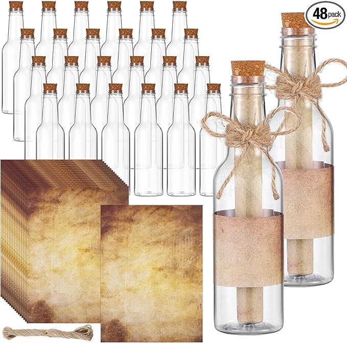 Baderke 48 Pcs 5.6 oz Message Bottles with Letter Printer Paper Plastic Bottles & Corks Twines for Message Invitations Birthday Wedding Baby Shower DIY Crafts Gift Party Favors (Vintage)