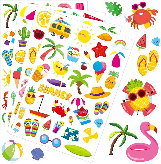 Summer Pool Beach Adhesive Stickers Luau Hawaii Sun Stickers 700 Count forBirthday Invitations Envelopes Decorations Party Goodie Gifts Bags Decor School Game Class Rewards