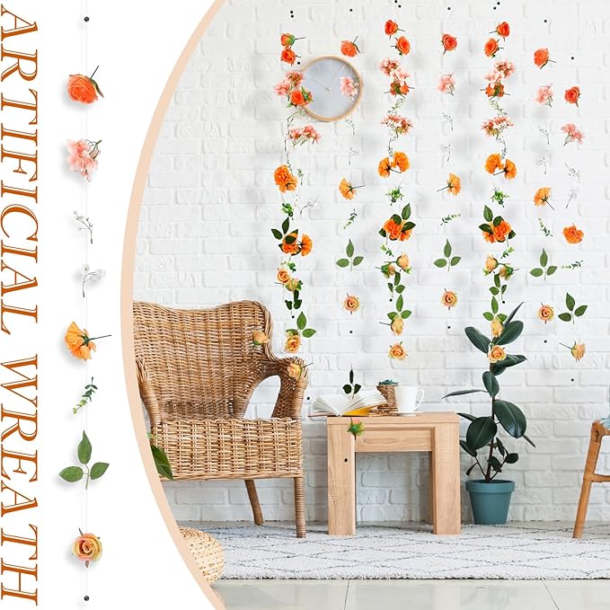 XunYee 6 Pcs 35.4 ft Flower Garlands Hanging Wildflower Backdrop Decoration Artificial Floral Garlands Fake Flower Vines Faux Silk Wildflower Decor for Halloween Fall Wedding Garden Wall Arch(Rose)