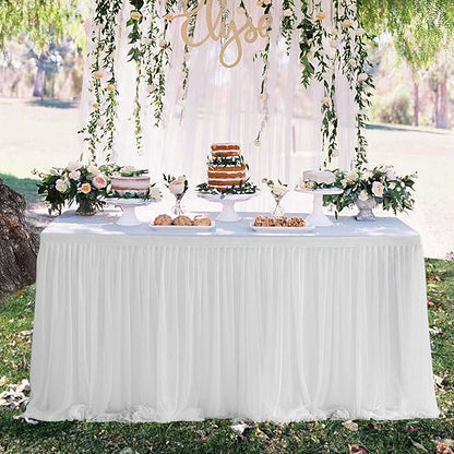 Suppromo White Tulle Table Skirts for Rectangle Tables 6ft for Wedding Birthday Party Bridal Shower White Tutu Ruffle Table Cloth for Cake Dessert Buffet Banquet Dinner Table Decorations
