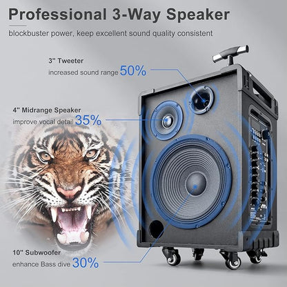 GTSK10-3 3-Way Portable Bluetooth PA Speaker with Wireless Microphones, 10" Subwoofer, Party Speaker with DJ Lights, USB/FM/TWS/Guitar Input, Rechargeable for Outdoor Events