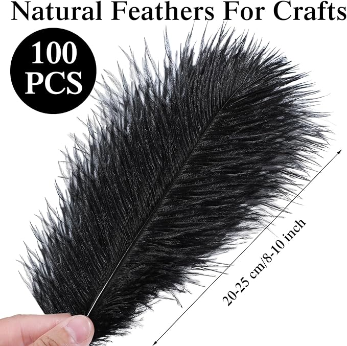 Crowye 100 Pcs Ostrich Feathers Bulk for Centerpieces Craft Ostrich Feathers for Vase Wedding Masquerade Party Home Costume Decorations (8-10 Inch,Black)
