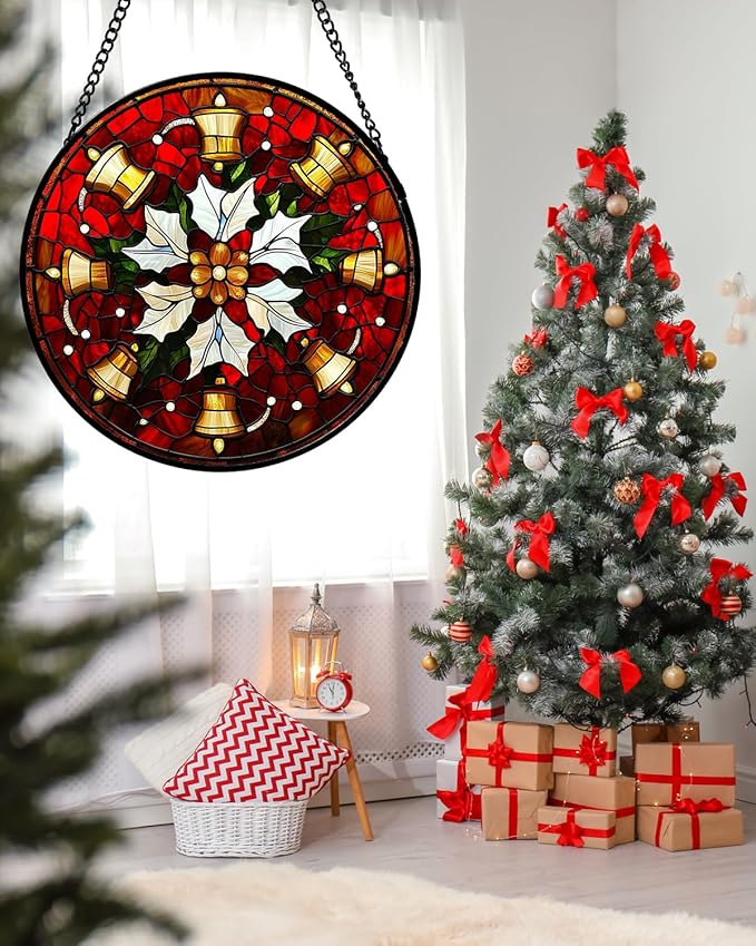 Stained Glass Window Hanging - Golden Bells Flowers Suncatcher for Doors Home Christmas Decoration Winter Sun Catcher Thanksgiving New Year Birthday Gift for Friend Women Men Mom Nana 7.8 in