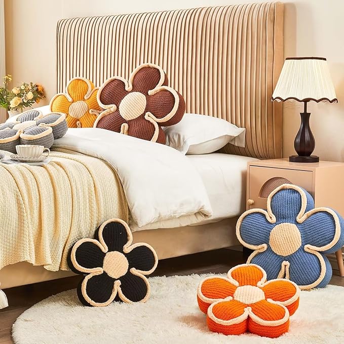 Soft Flower Shaped Floor Cushion, Decorative Throw Pillow, Plush Bedroom Seating Cushion, 13.7 Inch Brown Flower Decor Plush Pillow