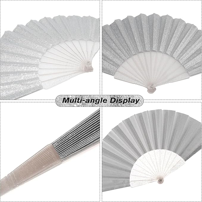 24 Pack Handheld Fan,Folding Hand Glitter fan with Shining Transparent Fan Rib – Ideal for Wedding, Church, Festival, Dance, Tea Party, Club, and EDM Accessories, Silvery