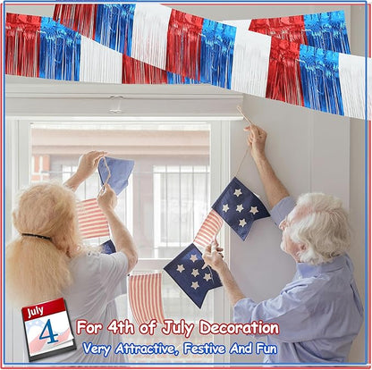 4 Pack 10 Feet Foil Fringe Garland Metallic Tinsel Streamers Banner Wall Hanging Fringe Backdrop Banner for Parade Floats Wedding Birthday Party Decoration (Royal Blue Red White)