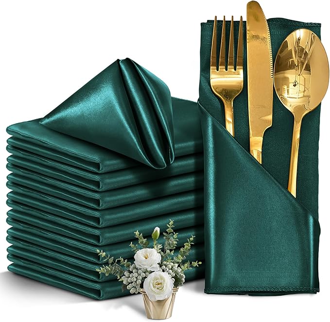 50 Pieces Forest Green Satin Napkins, 17" x 17" Square Table Napkins, Silky Soft Smooth Washable Napkins for Restaurant, Weddings, Dinner, Party Decoration