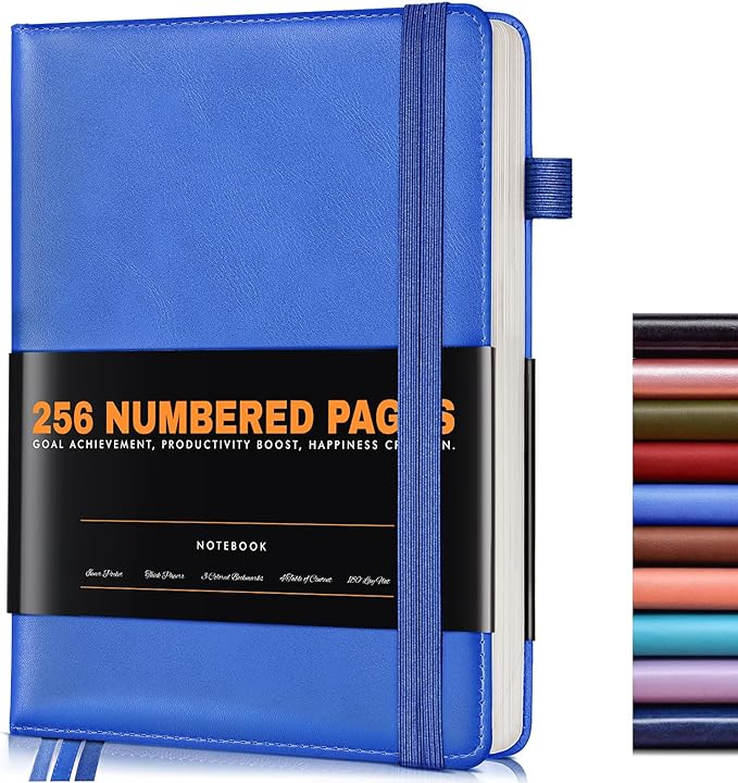 Lined Journal Notebook for Women Men, 256 Numbered Pages Hardcover Leather Journals for Writing, A5 Journaling Notebooks, College Ruled Journal for Business Work School Note Taking 5.75" x 8.38" Blue