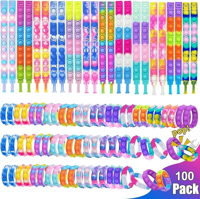 100Pcs Pop Bracelet, Party Favors for Kid, Pop Wrist Strap Fidget Toys Pack ,Fidget Toys for Girils Boys, as Gifts for Easter Chrismas,Classroom Prizes for Students