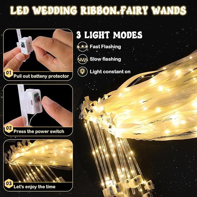 100 Pcs Wedding Wands Ribbon with 3 Colorful Flashing Modes, Light up LED Silk Fairy Wands, Glow Lace Stick with Bells for Wedding Reception, Graduation, New Year, Birthday Party (Warm White)