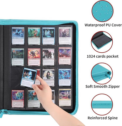 Snekdy premium 1024-pocket trading card binder, 16-pocket cards album, waterproof PU-leather Cover album with side loading, holds gaming, baseball, basketball & sports cards Turquoise