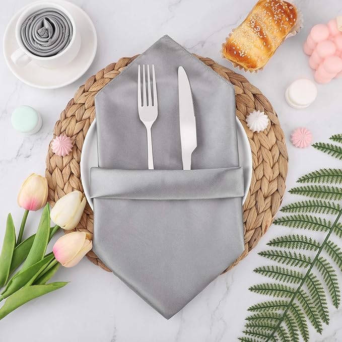 Aneco 12 Pieces Satin Napkin Square 20 x 20 Inches Dinner Napkins Weddings Party Napkin Soft Table Napkins for Romantic Weddings Party Dinner Decoration (Grey)