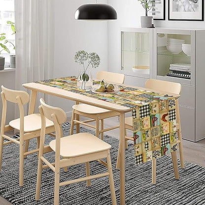 Farmhouse Animals Table Runner,Rustic Cabin Pig Chicken Cow Sunflowers Geometric Grids Burlap for Hotel Indoors Outdoor Dining Room Kitchen Holiday Party, 13x108in