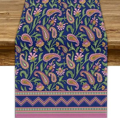 Colorful Paisley Floral Table Runner, Vintage Pink Purple Flowers Green Plants Leaves Print Table Runner for Kitchen Dining Table Indoor Outdoor Home Party, 13x60inch