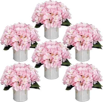 Flower Table Centerpieces - Set of 6 Floral Arrangement Artificial Wedding Hydrangeas Floral Arrangement with Rustic Metal Vase for Bridal Tea Party Event Decorations - Pink