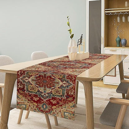 Boho Bohemia Style Table Runner, Vintage Red Brown Retro Flower Rustic Country Style Floral Print Pattern for Home Kitchen Table Decor Dining Coffee Room Garden Party Decor 13x60in