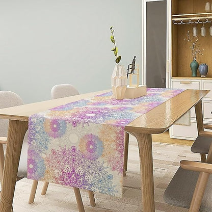 Oriental Mandala Table Runner, Traditional Bohemian Gradiently Purple Pink Blue Mandala Flower Table Runner for Farmhouse Cottage Kitchen Dining Table Decor, 13x120inch