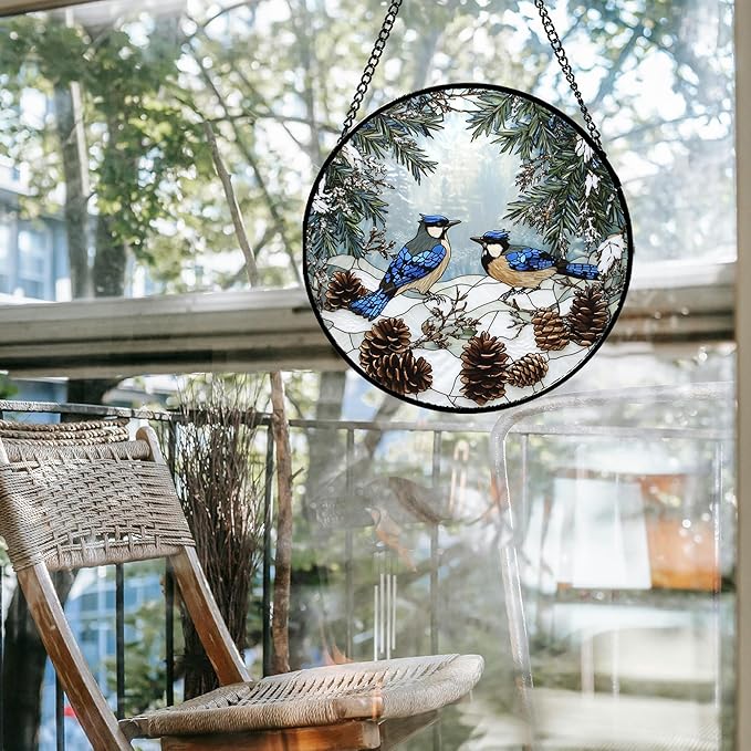 Stained Glass Window Hanging - Blue Bird Winter Forest Landscape Suncatcher for Door Garden Yard Sun Catchers Decor Christmas Mother's Day Birthday Gifts for Women Mom Nana Friend 15 in