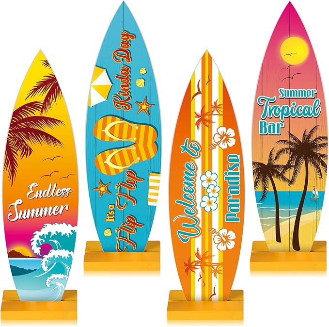 Blulu 4 Pcs Surfboard Table Decorations Surfboard Beach Signs Welcome to Paradise Sign Tropical Bar Table Centerpieces Endless Summer Wood Decor Flip Flop Letters for Home Decor(12.6 x 3.66 Inch)