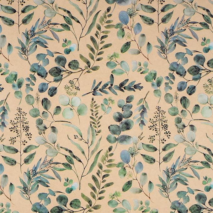 RUSPEPA Eucalyptus Leaf Gift Wrapping Paper, 17 Inches x 32.8 Feet, Mini Roll, Kraft Wrapping Paper Roll for Women, Spring, Summer, Wedding and Birthday