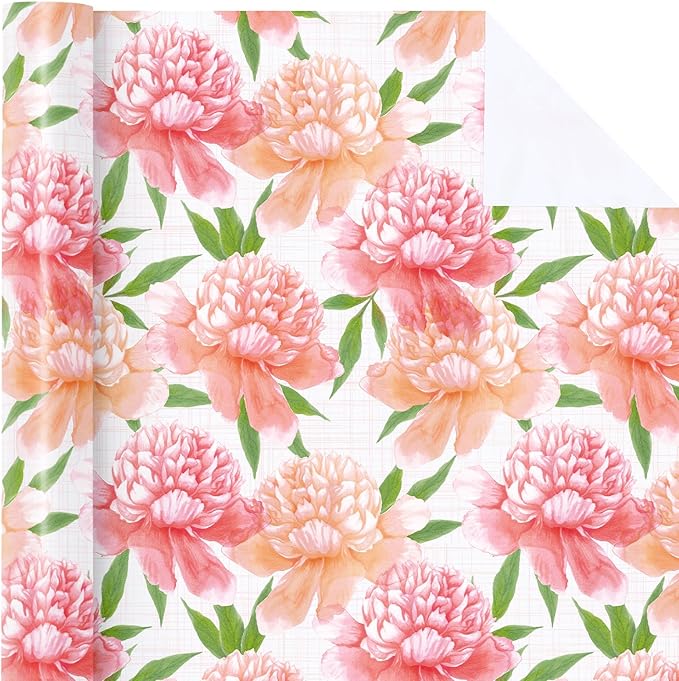 WRAPAHOLIC Floral Wrapping Paper Roll - Mini Roll - 17 Inch x 9.8 Feet - Peach Flower Wrapping Paper, Perfect for Girls Women Birthday, Wedding, Bridal Shower