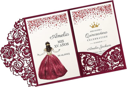 DORIS HOME 50pcs Laser Cut Quinceanera Invitations Burgundy, 4.7x7.1 Personalized Quince Invitations for 15th Birthday, Invitation cards for Sweet 16 with Envelopes