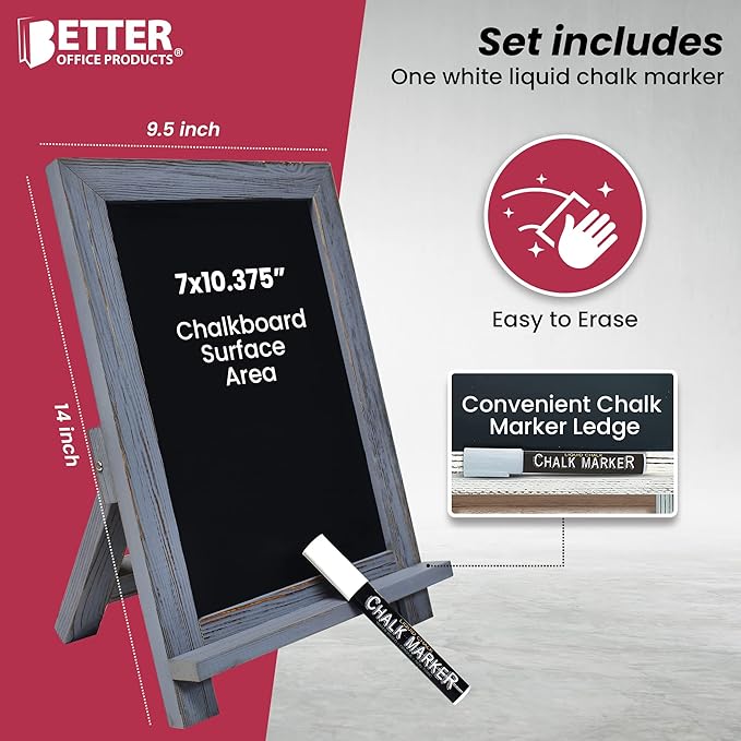 Better Office Products Framed Tabletop Chalkboard Sign, 9.5" x 14", Rustic Wood Frame, Small Magnetic Chalkboard with Built-in Ledge and Folding Stand, One White Chalk Marker Included,(Gray wash)