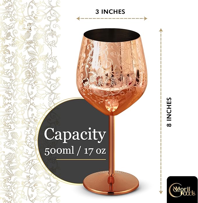 Stainless Steel Wine Glasses – Set of 2 Etched 16 oz Metal Goblets, Unbreakable Rose Gold Cups for Camping, Travel, Outdoor Events, Picnics, Luxury Wine Gifts for Women and Men