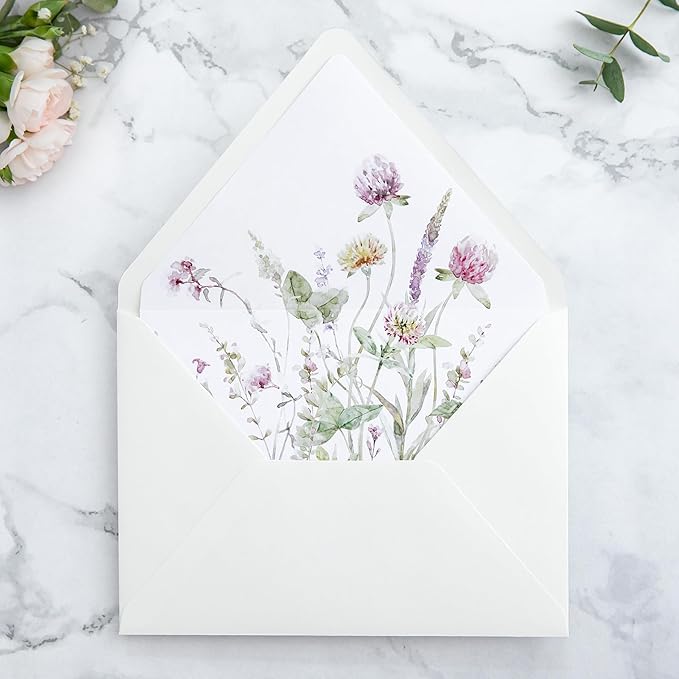 PONATIA 50PCS A7 Euro Flap Ivory Envelope, 5.25 x 7.25'' Wild Flowers Liner Envelopes for Wedding Invitations, Photos, Postcards, Greeting Cards, Christmas Gift Cards, Acrylic Mailing, 5x7 Envelopes