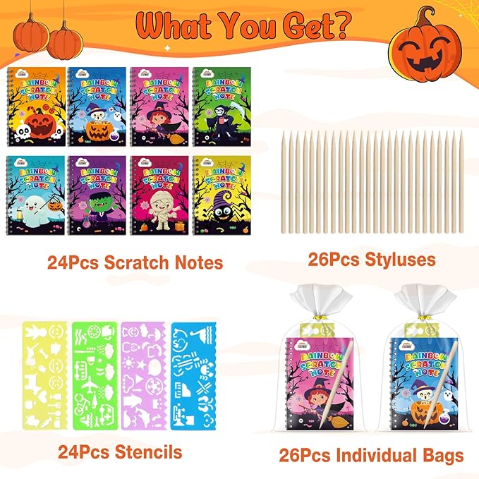 ZMLM Rainbow Scratch Party Favors Kids: Birthday Gifts Toy Bulk Scratch Art Notebook 24 Pack Birthday Goodie Bags Stuffers Girls Boys Art Craft Pad Classroom Prizes School Teacher Supplies (Halloween)