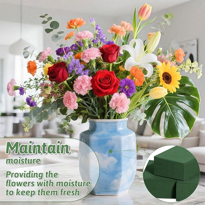 MAPVOLUT 6 Pack Green Floral Foam Blocks (9.1"x4.1"x2.8") + 2 Rolls Waterproof Floral Tape | Wet & Dry Flower Arrangement Foam for Fresh/Silk Flowers, DIY Crafts, Weddings, Centerpieces