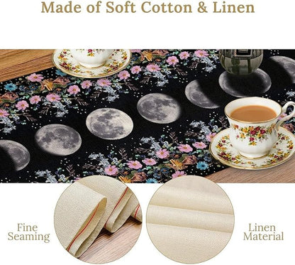 Boho Floral Moon Table Runner, Spring Flower Leaves Mystical Gothic Sun Moon Table Runner for Kitchen Dining Table Home Party,13x90 Inch Purple
