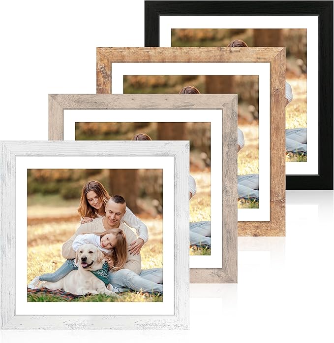 12x12 Picture Frame Set of 4 with Tempered Glass, Display 10x10 Picture with Mat or 12 x 12 Without Mat, Mixed Color Wood Photo Frames for Tabletop Display and Wall Mounting