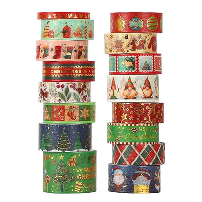 16 Rolls Christmas Washi Tape Holiday Masking Tape 4 Sizes Red Green Christmas Wrapping Tape Glod Foil Decorative Tape for Christmas Scrapbook Journal DIY Craft Gift Wrapping（Christmas