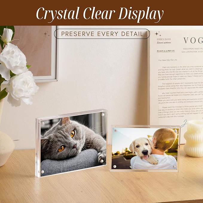 CATIFLIN 4x6 Magnetic Acrylic Frames 2 Pack, Double Sided Clear Frameless Picture Frame Blocks, 20mm Thick Photo Frames Free Standing Display for Family Photos, Certificates, Office, Artwork