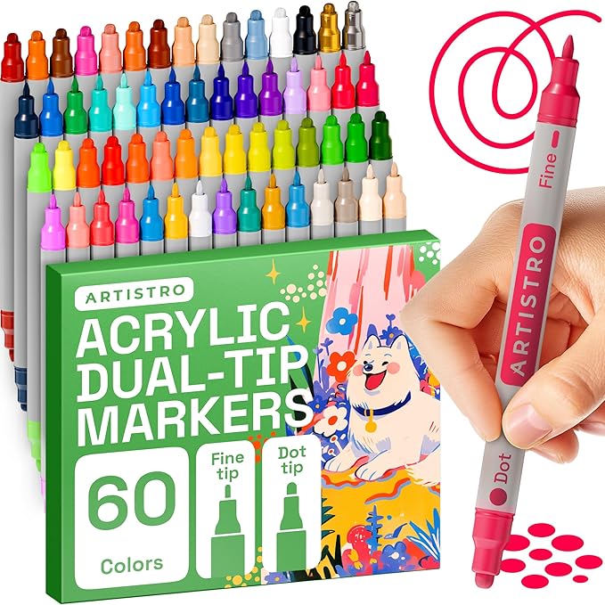 ARTISTRO 60 Dual Tip Acrylic Paint Markers, Acrylic Paint Pens, Fabric Markers for Textile, Rock, Glass, Wood, Paper, Ceramic, Canvas DIY Art Supplies Kit for Kids and Adults (Dual Tip Dot + Fine, 60)