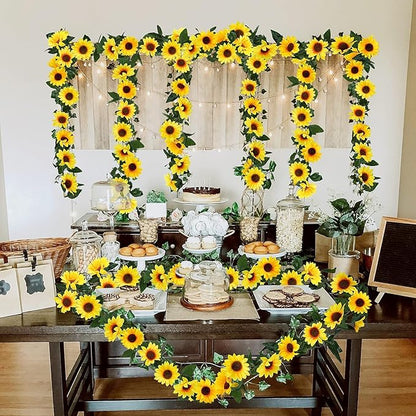 Uieke 12PCS Artificial Sunflower Garland, 7.5ft/Strand Silk Sunflowers Hanging Vines Flowers with Green Leaves for Room Kitchen Garden Birthday Wedding Baby Shower Party Table Decor Large