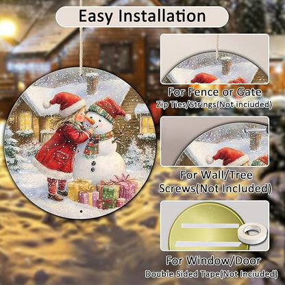 Round Wall Decor Christmas Metal Tin Sign Girl and Snowman Sign Rustic Wall Decor Wall Plaque Snowman Wreath Sign for Christmas Round Wreath Wall Decor Vintage Garage Yard Home 12 * 12 in