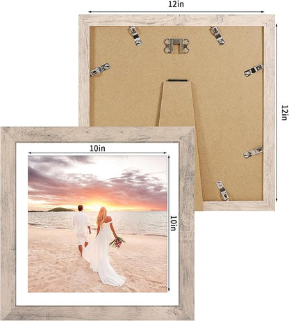 12x12 Picture Frame Set of 4 with Tempered Glass, Smoke Gray Frame Display 10x10 Picture with Mat or 12 x 12 Without Mat, Wood Square Photo Frames for Desktop Display and Wall Mounting