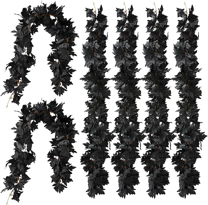 PARTY JOY Black Artificial Maple Leaf Garland - 6PCS 5.6Ft Halloween Decor, Gothic Fall Vines for Front Porch, Thanksgiving Autumn Table Centerpiece & Wall Hanging