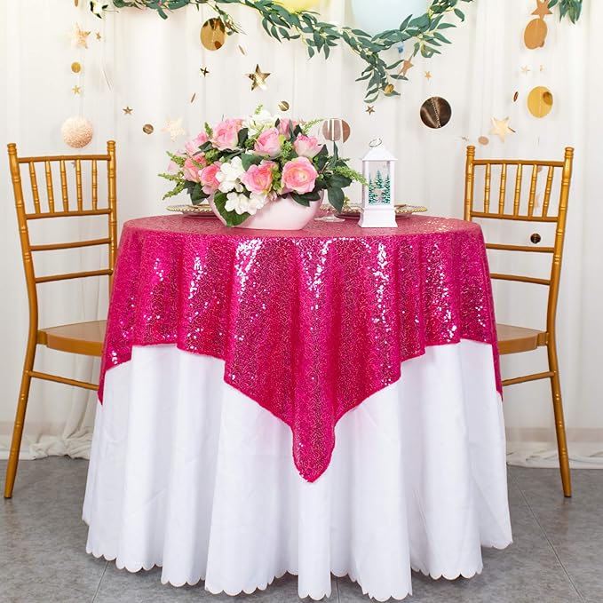 ShinyBeauty Sequin Table Overlay Hot Pink 36''x36'' Small Sequin Tablecloth Square Sequin Table Cloth/Linen for Wedding/Party/Event/Decoration 36inx36in Fuchsia Birthday Tablecloth