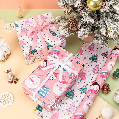 Ribbli Pink Christmas Wrapping Paper Reversible Cute Christmas elements Gift Wrapping Paper Rolls for Kids Holiday Presents Decoration-17 Inch x 33 Feet
